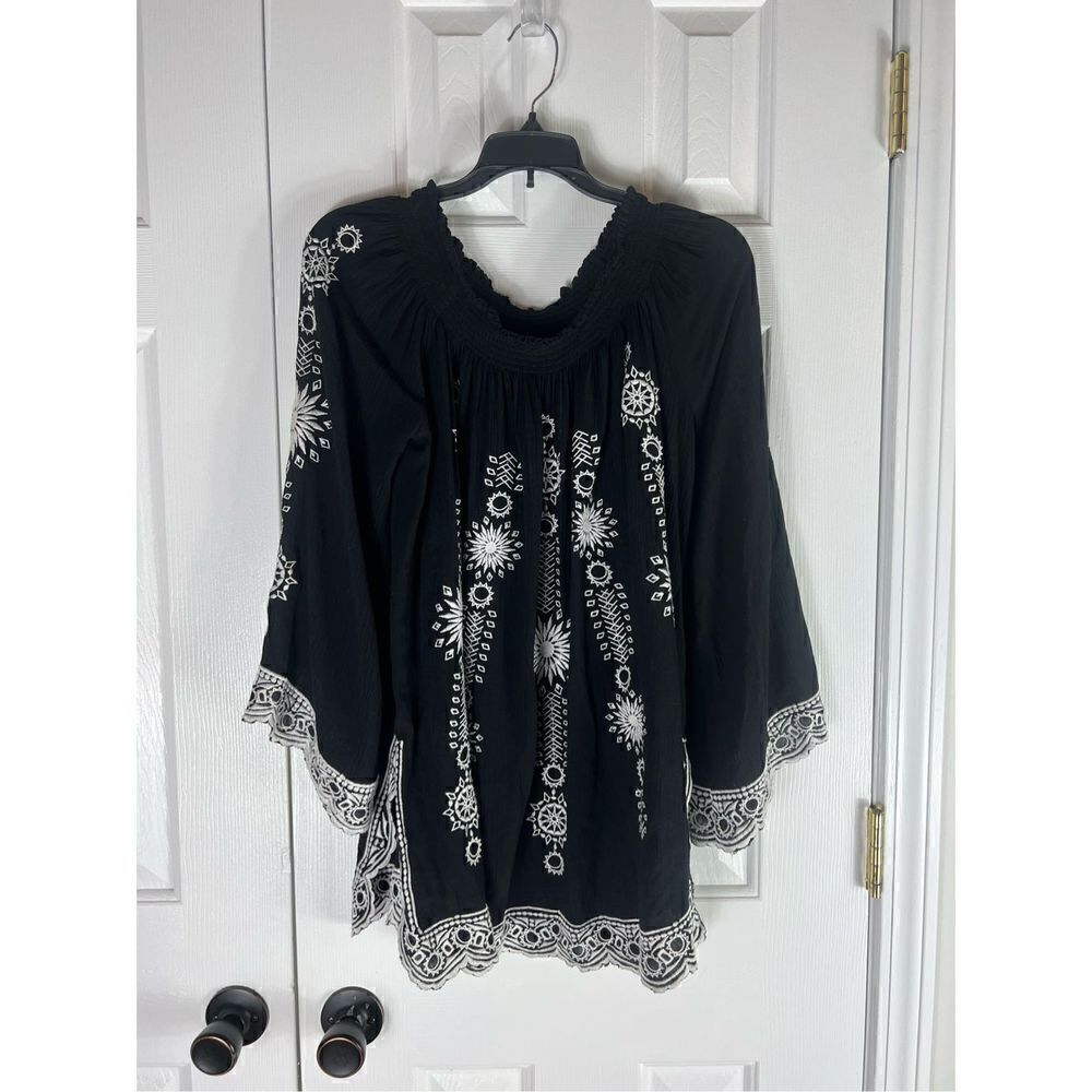 Free People Womens Boho Black with White Embroidery Tunic Size Small